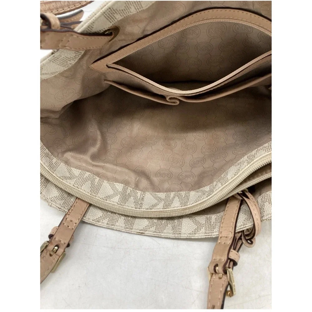 Michael Kors Signature Beige Logo Large Tote Zip Top Gold Hardware MK Charm